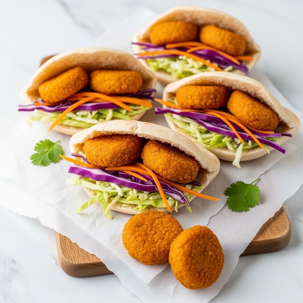 Three small pita pockets sit on white paper over a wooden board on a white marbled surface. Each pita is filled with a bottom layer of shredded light green cabbage, topped with thin strips of purple cabbage and a few orange carrot slices, then three golden-orange small round nugget-like pieces rest on top in each pita. Two more golden-orange pieces are placed next to the pita in the front. Fresh green cilantro leaves lay beside the pitas on the white paper. The photo taken with an iphone --ar 4:5 --v 7