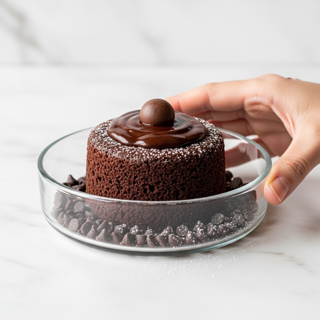 A small dark brown chocolate cake sits in the center of a clear glass bowl on a white marbled surface. The cake looks moist with a slightly rough texture on the sides and a smoother top, where a single round chocolate piece rests. Around the base of the cake are scattered dark chocolate chips, some slightly melted. The cake is lightly dusted with white powdered sugar. A woman's hand is gently holding the edge of the glass bowl. Photo taken with an iphone --ar 4:5 --v 7
