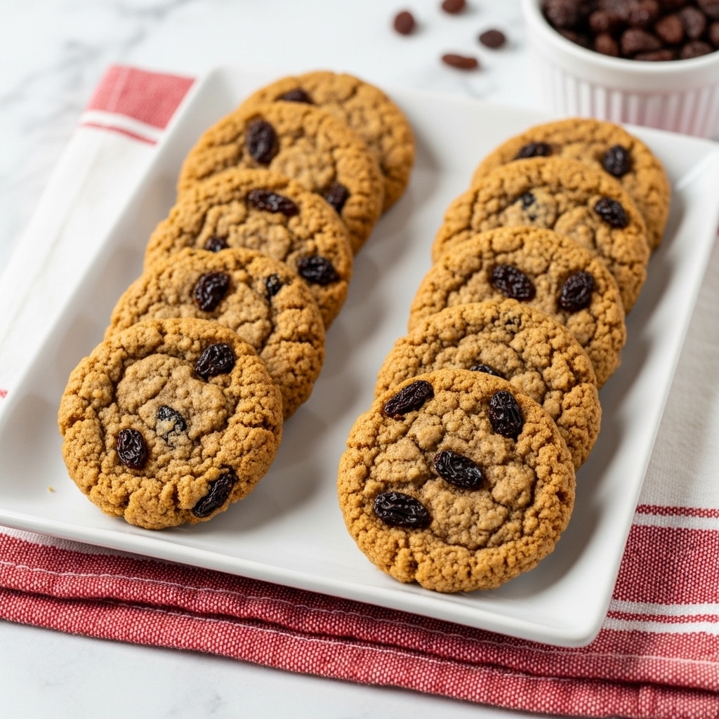 A white rectangular plate holds two long rows of oatmeal raisin cookies, each cookie round and thick with a rough, textured surface full of visible oats and dark raisins. The cookies are golden-brown with slight darker spots where the raisins peek through. The plate is placed on a white marbled surface with a red and white striped cloth partially underneath it. In the background on the right side, there is a small white bowl filled with raisins. photo taken with an iphone --ar 4:5 --v 7