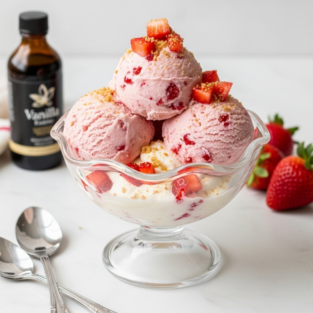 The image shows a clear glass dessert bowl with a scalloped edge and pedestal base filled with three scoops of light pink strawberry ice cream mixed with small red strawberry pieces. The ice cream scoops are placed on top of a creamy white base with visible strawberry chunks, creating two clear layers. The top of the ice cream is garnished with brighter red fresh strawberry pieces and a sprinkle of light brown crumbs. The bowl is set on a white marbled surface with a dark bottle of vanilla extract and fresh strawberries nearby, along with two silver spoons lying flat in the foreground. Photo taken with an iphone --ar 4:5 --v 7