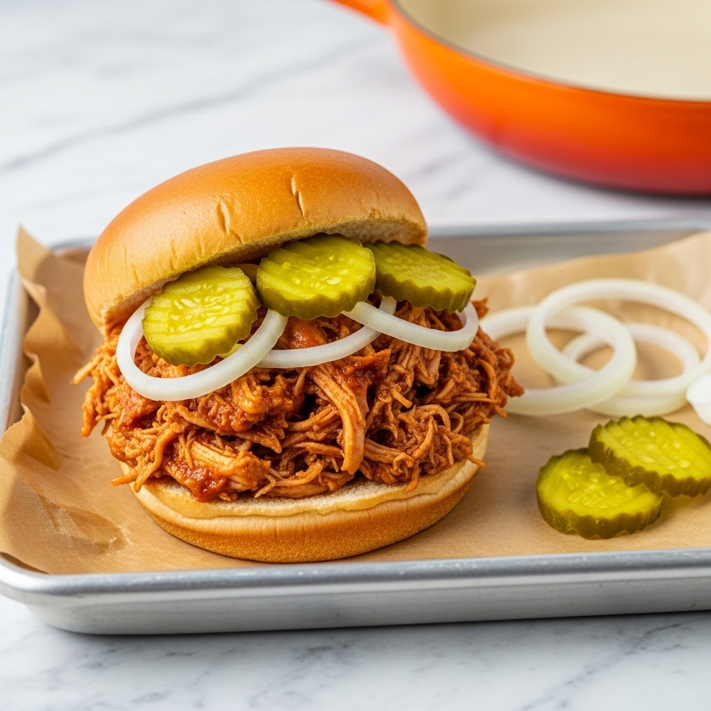 A sandwich with soft, light brown top and bottom buns, filled with shredded, saucy chicken that looks tender and juicy. On top of the chicken, there are thin slices of white onion and three round, slightly wrinkled pickle slices with a greenish-yellow color. The sandwich is placed on a white metal tray with worn edges, and the background is a white marbled texture with a few loose onion slices nearby. In the top background, a terra-cotta colored pan is partially visible. photo taken with an iphone --ar 4:5 --v 7