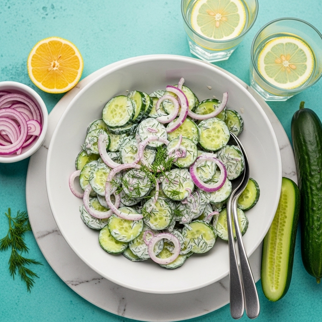 A white bowl filled with a fresh cucumber salad showing layers of thin, round cucumber slices mostly light green with dark green edges, and thin slices of light purple onion mixed in a creamy white dressing, sprinkled with small green dill leaves and coarse black pepper on top, two silver spoons rest inside the bowl on the right side, the bowl sits on a white marbled surface with a cut cucumber and half a lemon nearby, a small white bowl of thin purple onion slices and two clear glasses with lemon slices and water are placed around. photo taken with an iphone --ar 4:5 --v 7