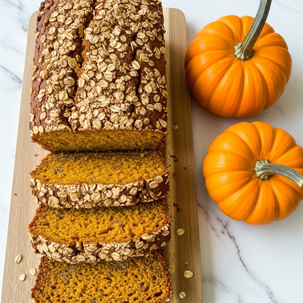 A loaf of pumpkin bread with a thick, textured oat topping is placed on a wooden cutting board over a white marbled surface. The bread is cut into several thick slices, showing a dense, bright orange inner crumb with bits of oats scattered through. To the right of the board, two small, bright orange pumpkins with green stems rest directly on the white marbled surface. The overall setting highlights warm autumn colors and an inviting, rustic feel. photo taken with an iphone --ar 4:5 --v 7