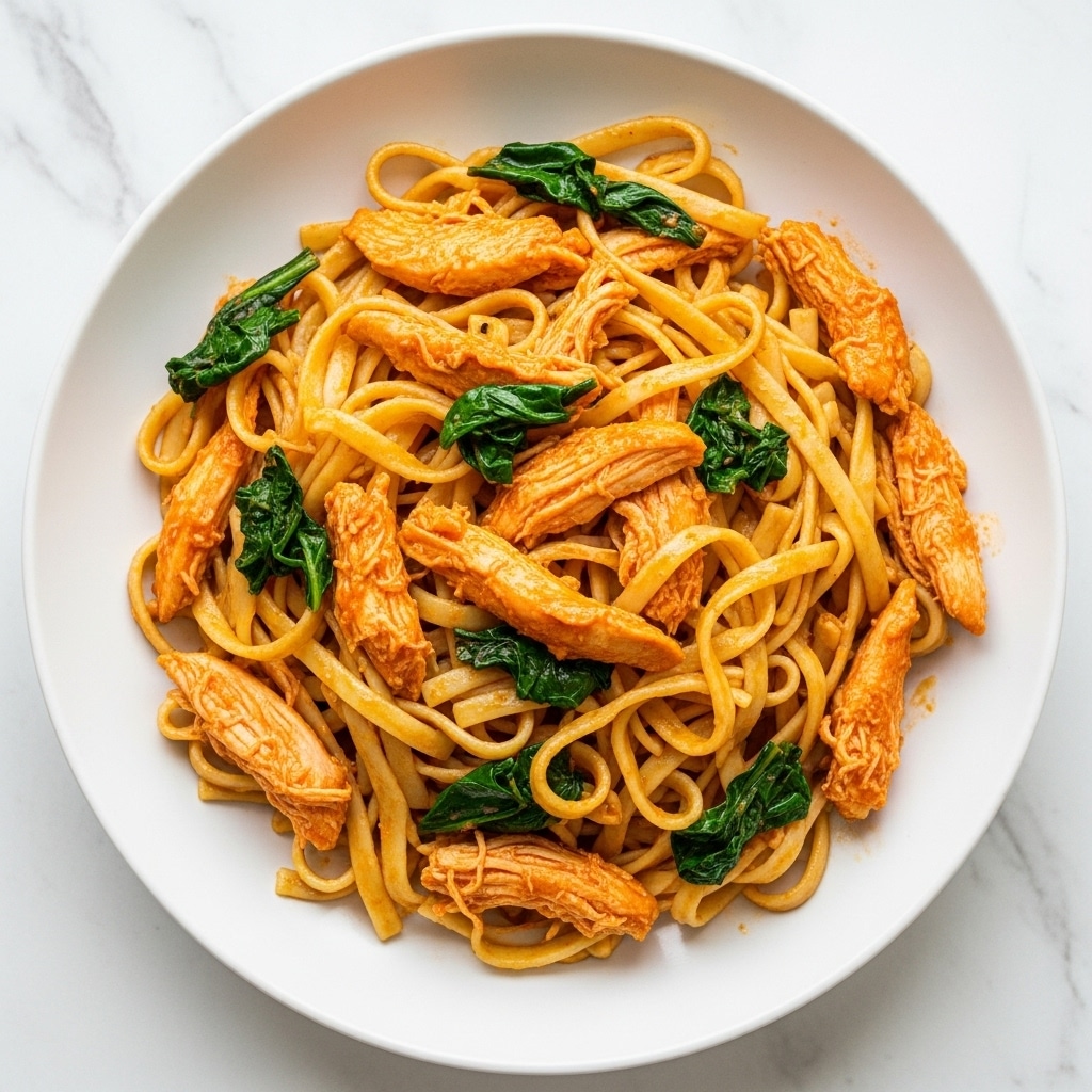 The image shows a close-up of a white plate filled with a dish of long, flat noodles that are light beige in color. Mixed with the noodles are pieces of cooked chicken that are orange-tinted from a sauce, giving them a slightly glossy texture. There are dark green leafy vegetables scattered throughout the noodles and chicken, adding contrast in color. The noodles are tangled and mixed evenly with the other ingredients, and the dish looks saucy but not overly wet. The background is a white marbled surface. photo taken with an iphone --ar 4:5 --v 7