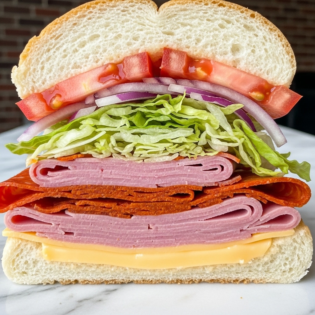 The image shows a sandwich cut in half, revealing its layered inside on a white marbled surface. The sandwich has a soft, light brown bun with a fluffy white inside. Starting from the bottom layer there is a slice of white cheese, followed by multiple thin slices of layered meats that are light pink and reddish-brown. Above the meat, there are thin slices of pepperoni with a bright orange-red color and a slightly oily texture. Next, there is a thick layer of shredded light green lettuce, topped with thin slices of purple onion. The top layer has vibrant red tomato slices, sitting just under the top side of the bun. The sandwich pieces stand side by side with all layers visible clearly. Photo taken with an iphone --ar 4:5 --v 7