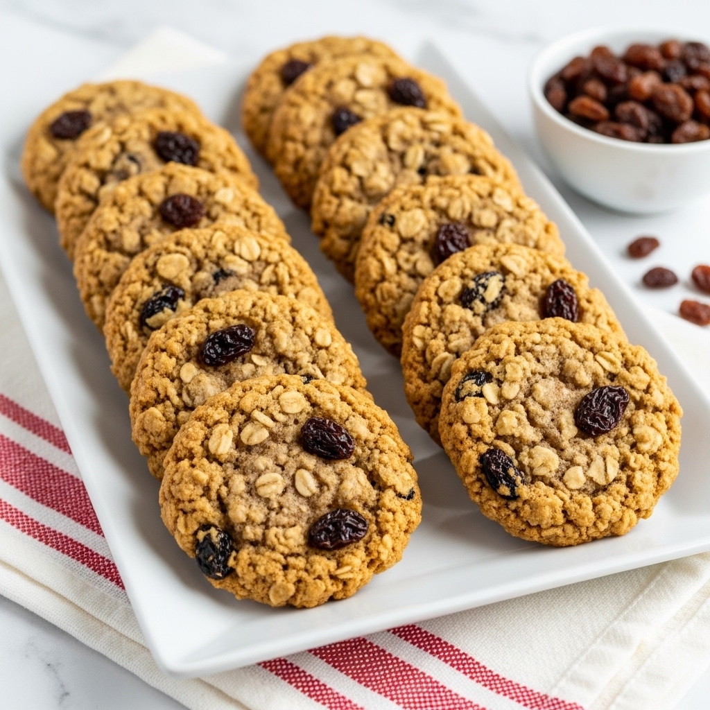 A white rectangular plate holds ten oatmeal raisin cookies arranged in two neat rows, with the cookies showing a rough, bumpy texture and a light brown color filled with dark raisins scattered throughout. The plate sits on a red and white striped cloth on a white marbled surface. In the background, a small white bowl filled with raisins is partly visible, adding depth to the scene. photo taken with an iphone --ar 4:5 --v 7