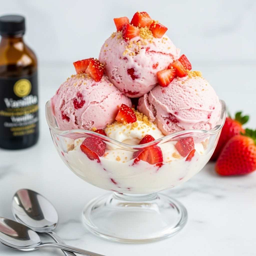 The image shows two clear glass dessert cups on a white marbled surface, each filled with two scoops of pale pink strawberry ice cream mixed with small red strawberry pieces. The ice cream is topped with chopped fresh bright red strawberries and sprinkled with light brown crumbled bits. In the background, there is a white container filled with more strawberry ice cream, a bottle of dark amber vanilla extract with a green cap, and a small white bowl with more crumbs. Two metal spoons lie on the white marbled surface in front of the ice cream cups, and a halved fresh strawberry with green leaves is also visible next to the vanilla extract bottle. Photo taken with an iphone --ar 4:5 --v 7