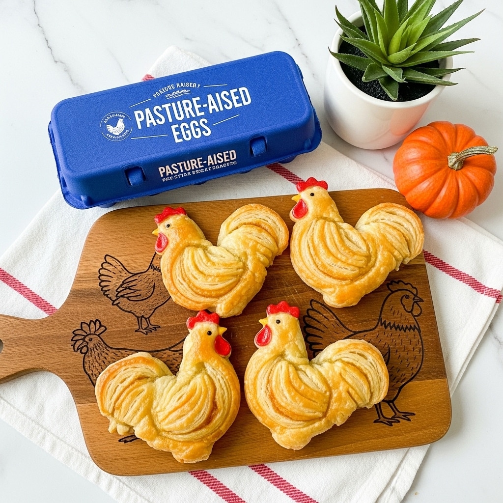 The image shows four golden-brown biscuits shaped like chickens, placed on a wooden cutting board shaped like a rooster. The biscuits have a flaky texture with slightly browned edges and an uneven, rustic surface. On the top left of the board, there is a blue carton of pasture-raised eggs with white and red text. The setup is on a wooden table with a white tea towel that has red stripes underneath the board, and nearby are a small white pumpkin and a white pot holding a succulent plant, all set against a white marbled texture background. photo taken with an iphone --ar 4:5 --v 7