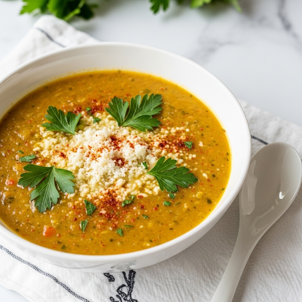A white bowl filled with thick yellow soup that has a smooth texture with some small chunks inside, topped with bright green fresh parsley leaves scattered around and sprinkled with white shredded coconut and a light dusting of red spice powder, placed on a soft white cloth over a white marbled surface. In front of the bowl, a white ceramic spoon rests flat on the surface. The background is softly blurred with some dark green plant foliage. photo taken with an iphone --ar 4:5 --v 7
