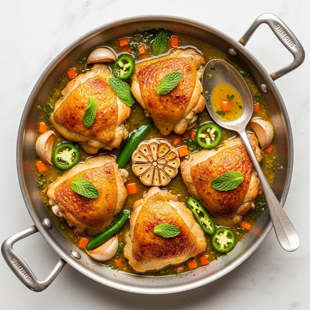A round silver pan filled with five pieces of golden-brown cooked chicken thighs arranged evenly in a shallow, light orange oily sauce with small cubes of orange carrot, whole cloves of garlic, green jalapeno slices, and fresh green mint leaves scattered on top and around the chicken. A silver spoon filled with the sauce rests on the right side of the pan, and the pan is placed on a white marbled surface that shows some natural texturing. photo taken with an iphone --ar 4:5 --v 7