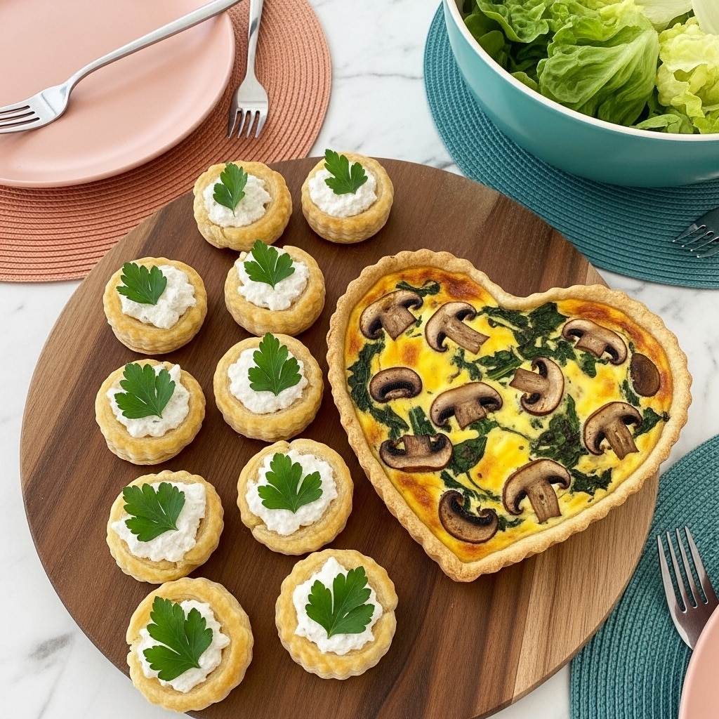 A round wooden serving board on a white marbled surface holds a heart-shaped quiche and eight small puff pastry appetizers. The quiche is golden brown with a slightly crisp crust, filled with a creamy mixture featuring visible slices of brown mushrooms and green spinach, showing a marbled yellow and green color on top. The eight puff pastries are stacked with light golden, flaky layers and each filled with a creamy white herb mixture. Each puff pastry is topped with a small sprig of fresh green parsley, arranged neatly around the quiche. Photo taken with an iphone --ar 4:5 --v 7