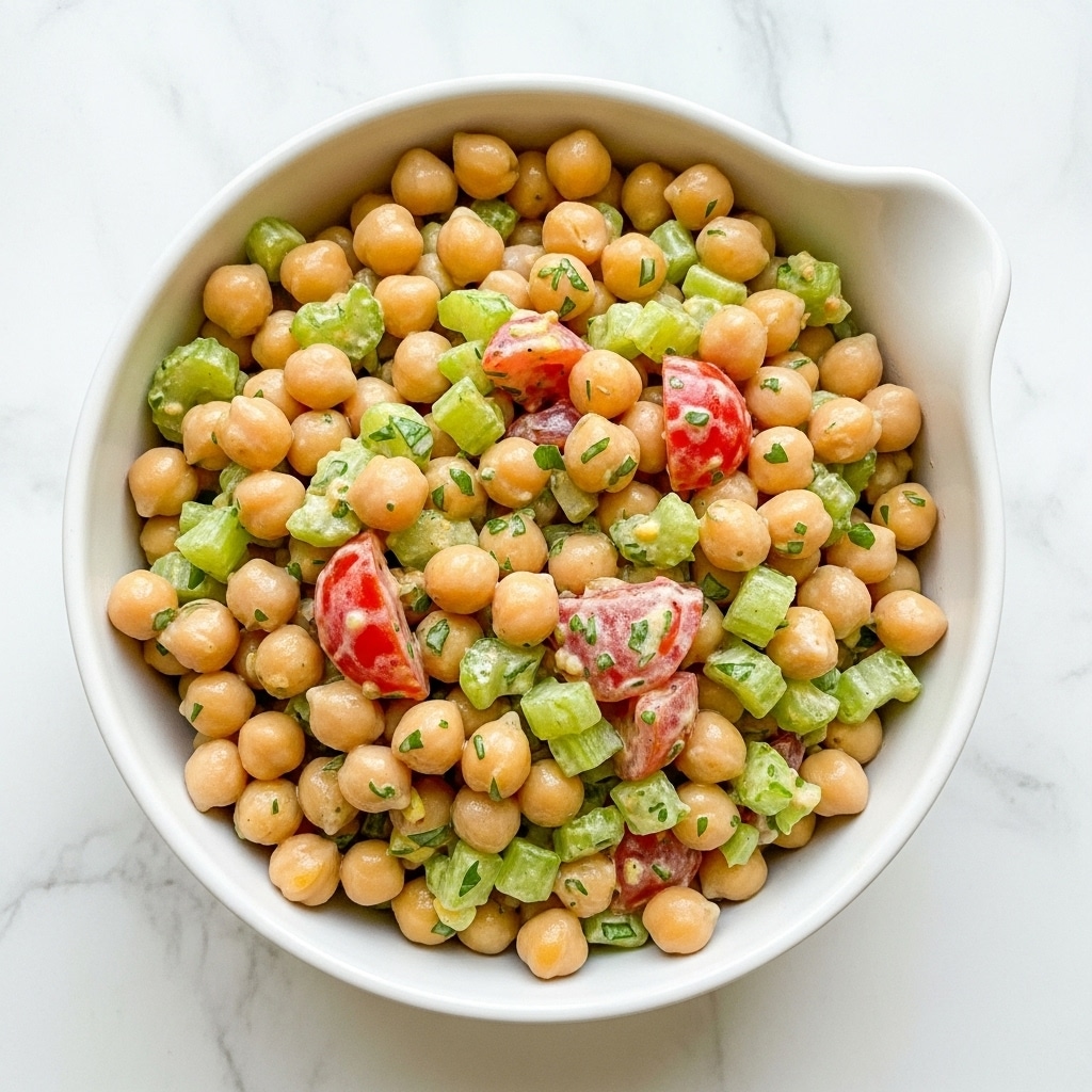 A white bowl filled with a creamy chickpea salad that has visible layers of chickpeas, small bits of green celery, red tomato pieces, and finely chopped herbs mixed with a light-colored dressing, all combined in a roughly textured, chunky mixture on a white marbled surface. photo taken with an iphone --ar 4:5 --v 7