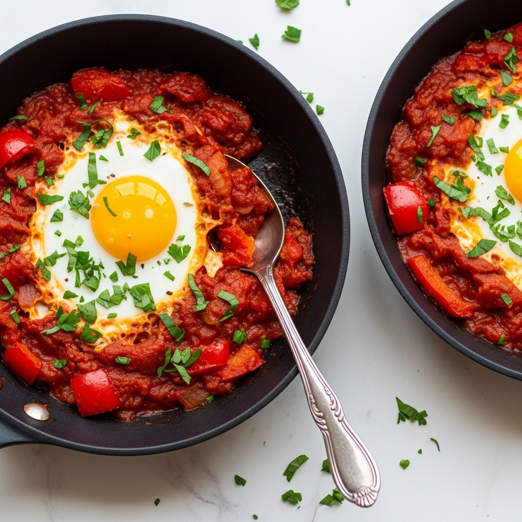 In the image, there is a cast iron skillet filled with a dish showing three main layers. The bottom layer is a rich, chunky red sauce with pieces of tomato and red pepper, giving a textured and hearty look. On top of this sauce, a bright white cooked egg white layer spreads almost across the skillet, with a single round, vibrant yellow egg yolk near the center. Green chopped herbs are sprinkled evenly over the whole dish, adding a fresh touch. A silver spoon rests inside the skillet, with the bowl of the spoon touching the sauce near the edge of the egg white layer. The skillet is set against a white marbled surface. Photo taken with an iphone --ar 4:5 --v 7