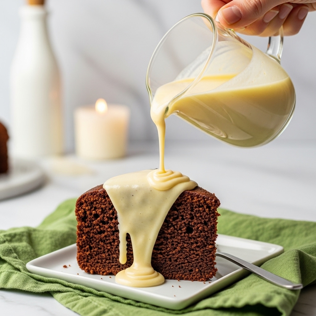 A slice of dark brown cake with a coarse, crumbly texture sits on a square white plate, placed on a green cloth. A woman's hand is pouring light yellow creamy sauce from a clear glass jug over the top of the cake, letting the sauce drip slowly down its sides. The background has a white marbled surface and blurred white bottle, adding a calm, clean look. photo taken with an iphone --ar 4:5 --v 7