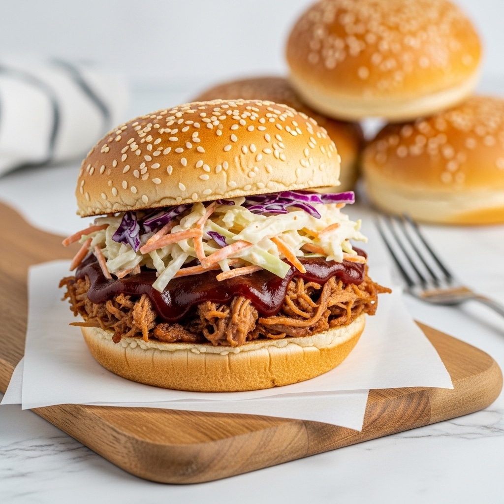 The image shows a sesame seed sandwich bun with three main layers visible. The bottom layer is the soft bun base covered with a thick layer of shredded pulled pork mixed with dark reddish-brown barbecue sauce, giving it a glossy texture. Above the pork is a thick layer of creamy white coleslaw with small pieces of carrot mixed in, adding a touch of light orange. The top bun, also covered in sesame seeds, rests tilted on the coleslaw. The sandwich sits on a piece of white paper placed on a wooden board, and in the blurred background, there are more sandwich buns. The setting is on a white marbled surface. Photo taken with an iphone --ar 4:5 --v 7