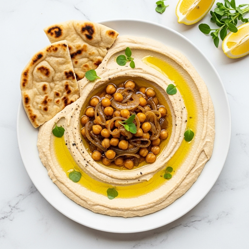 A white plate sits on a white marbled surface with a swirl of creamy, light beige hummus spread evenly in a circular shape around the plate's center, its texture smooth with slight ridges. In the middle, there is a heap of glossy, golden-brown cooked chickpeas mixed with caramelized onions, all drizzled generously with golden olive oil that pools slightly inside the hummus circle. Small green herb leaves are scattered on top for garnish, adding a fresh touch. Resting on the hummus are a few pieces of grilled flatbread, golden with some char marks, placed on the right side of the plate. In the background, there are lemon wedges and sprigs of green herbs on the white marbled surface. Photo taken with an iphone --ar 4:5 --v 7