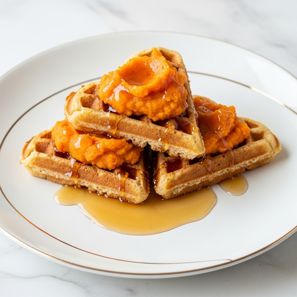 The image shows a stack of three triangular waffles placed on a white plate with a gold decorative line near the edge. The waffles have a golden-brown color with a slightly rough texture and are topped with a small amount of orange spread that looks soft. Some syrup is poured over the waffles and has pooled on the plate under them. The background has a white marbled texture. photo taken with an iphone --ar 4:5 --v 7