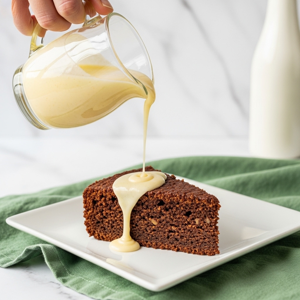 A thick slice of dark brown, moist cake sits on a small white square plate placed on a green cloth. A smooth, pale yellow creamy sauce is being poured over the cake from a clear glass pitcher held by a woman's hand in the top right corner. The sauce flows slowly down the sides of the cake, creating a shiny drip effect. The background shows a white marbled surface and soft blurred items including a white bottle and a lit candle. The picture captures the texture of the cake and the flowing creamy sauce in bright, natural light. photo taken with an iphone --ar 4:5 --v 7