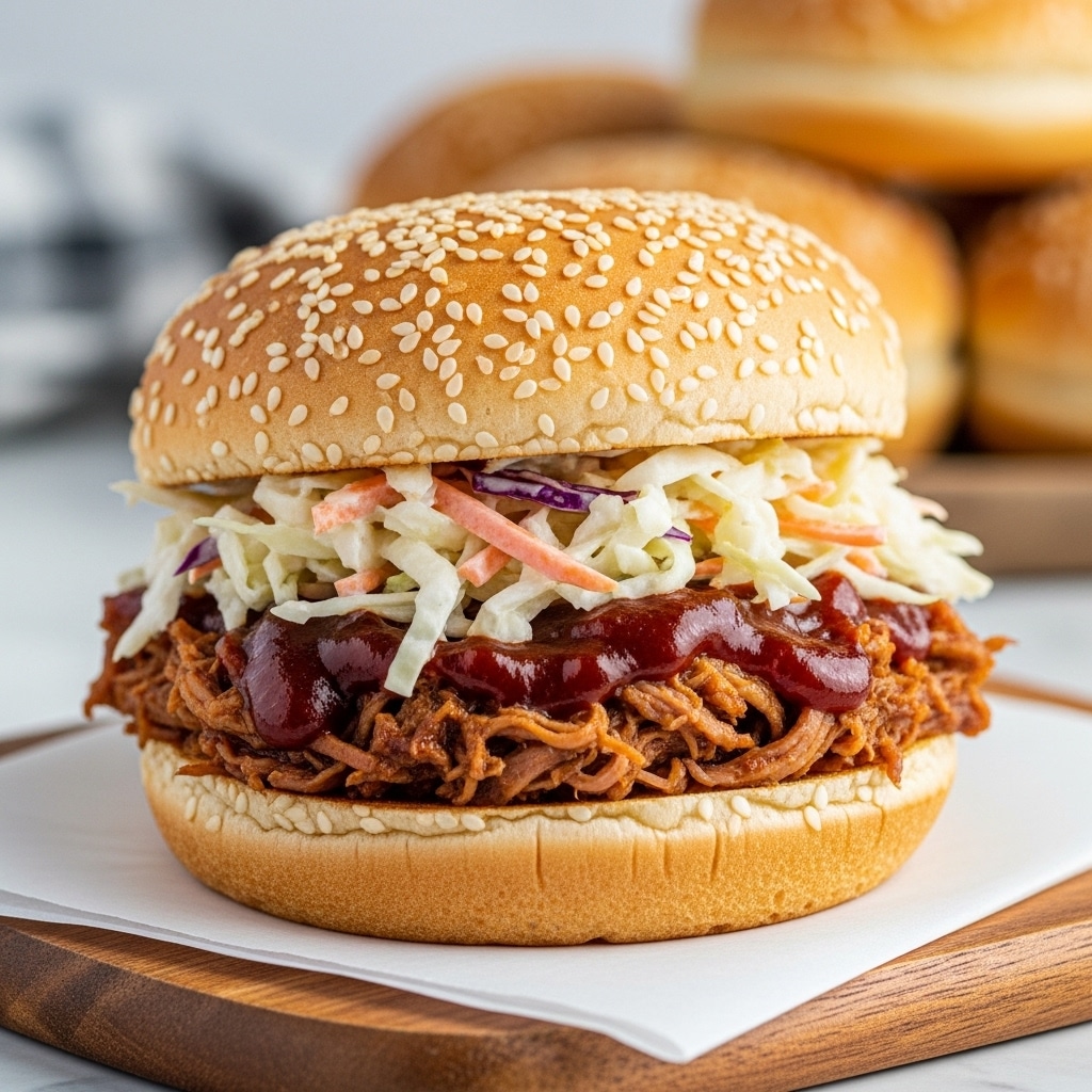 A sandwich on a white sesame seed bun is placed on a white paper napkin over a wooden board with a white marbled surface beneath. The sandwich has three main layers: the bottom bun, a thick layer of shredded pulled pork covered with dark brown barbecue sauce, and a generous heap of creamy coleslaw with white and light orange tones on top, finished with the top half of the sesame seed bun slightly tilted. In the background, there are several more buns stacked, and a fork lies on the marbled surface nearby. Photo taken with an iphone --ar 4:5 --v 7