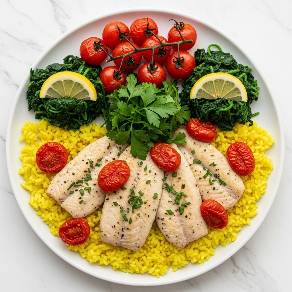 A white round plate holds a bed of bright yellow rice covering the bottom layer evenly. On top, four long, grilled fish fillets with light golden color and small green herb pieces are laid side by side, slightly overlapping. Around the fish, there are six halves of roasted red cherry tomatoes, some placed on the rice and some near the fish edges. On the left and right sides of the plate, dark green sautéed spinach piles add contrast, each topped with a lemon wedge. A small bunch of fresh green parsley is placed in the center of the fish fillets. The plate is set on a white marbled surface. photo taken with an iphone --ar 4:5 --v 7