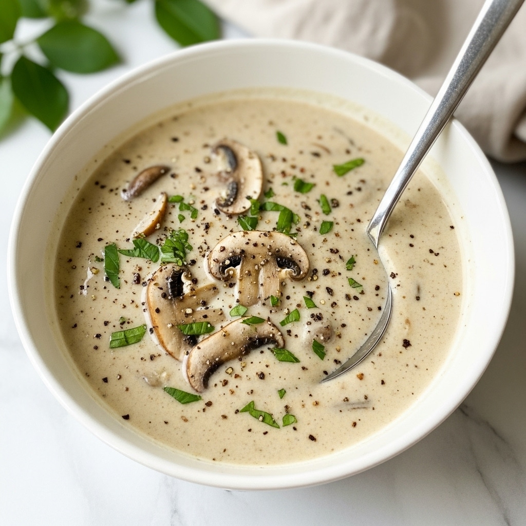 A close-up view of a bowl of creamy mushroom soup, showing a light beige, thick base with small pieces of brown mushrooms scattered throughout. The soup has a smooth texture with visible herbs sprinkled on top, giving hints of green freshness. The white bowl has a slightly speckled rim and contains a shiny silver spoon resting inside. The background is a white marbled surface with some green herbs partially visible at the top left corner. photo taken with an iphone --ar 4:5 --v 7