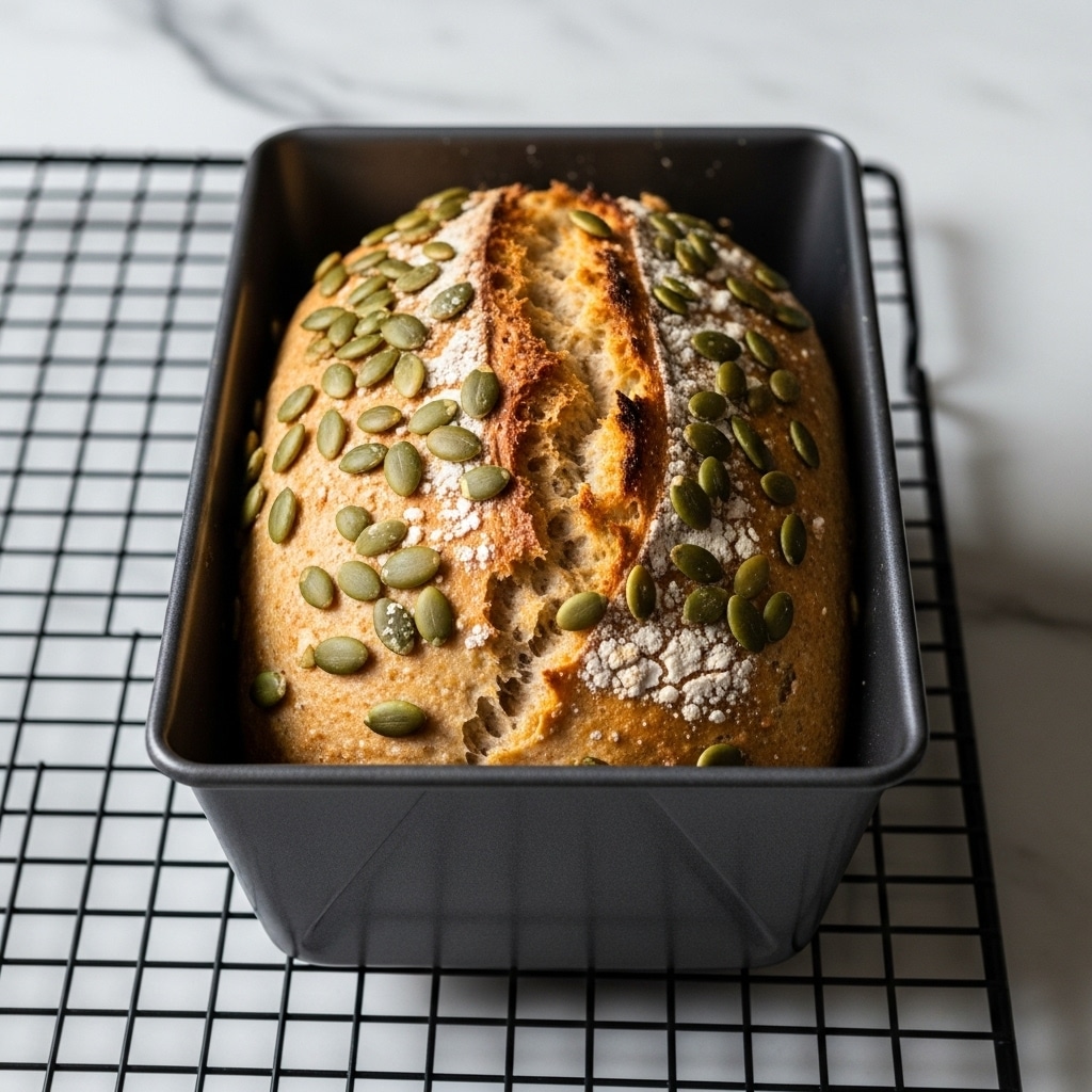 A single loaf of brown bread with a rough, textured surface sits inside a metal bread pan. The top layer is sprinkled with green pumpkin seeds scattered unevenly across the bread's cracked, golden-brown crust. The loaf is resting on a black wire cooling rack over a white marbled surface. Photo taken with an iphone --ar 4:5 --v 7