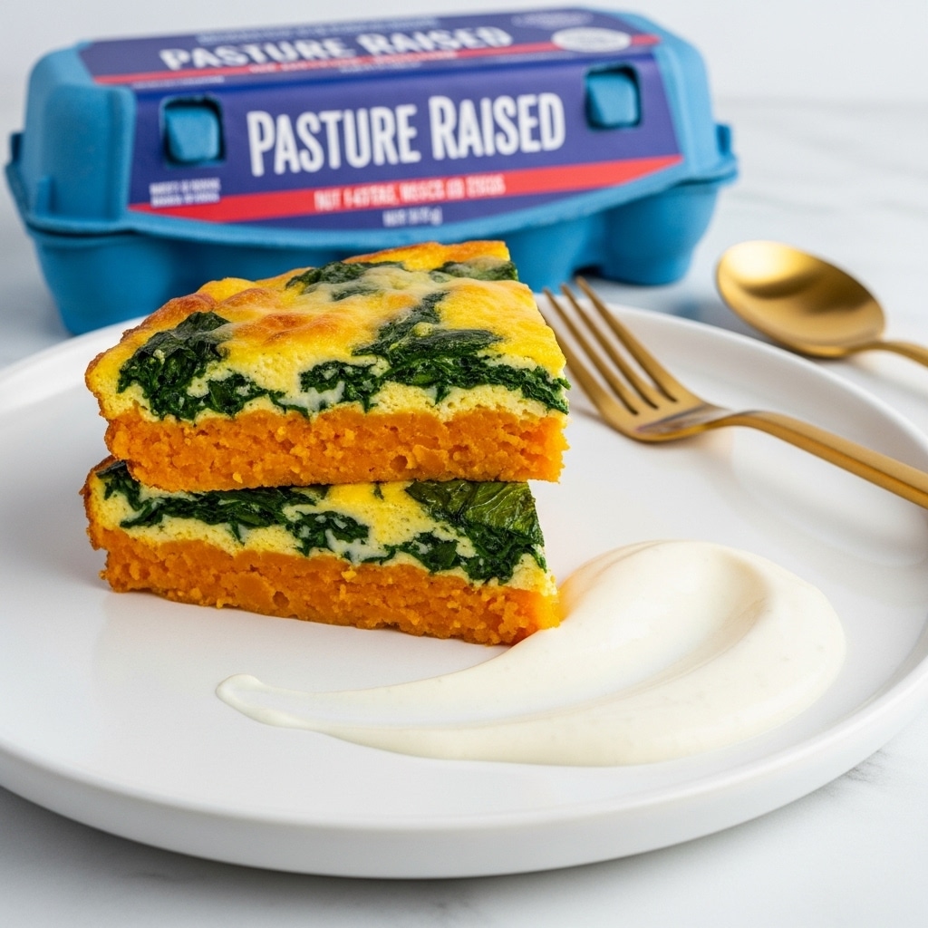 Two slices of a layered vegetable and cheese frittata sit stacked on a white plate. The bottom layer is a bright orange, soft filling, likely sweet potato, topped with a layer of green spinach leaves mixed with melted cheese that looks slightly browned in spots. To the side of the frittata slices is a dollop of smooth, white sour cream or yogurt. A gold fork and knife rest at the back of the plate, which is placed on a white marbled surface. In the foreground, an open blue carton of pasture-raised eggs is visible with clear white text and detailed blue illustrations. Photo taken with an iphone --ar 4:5 --v 7