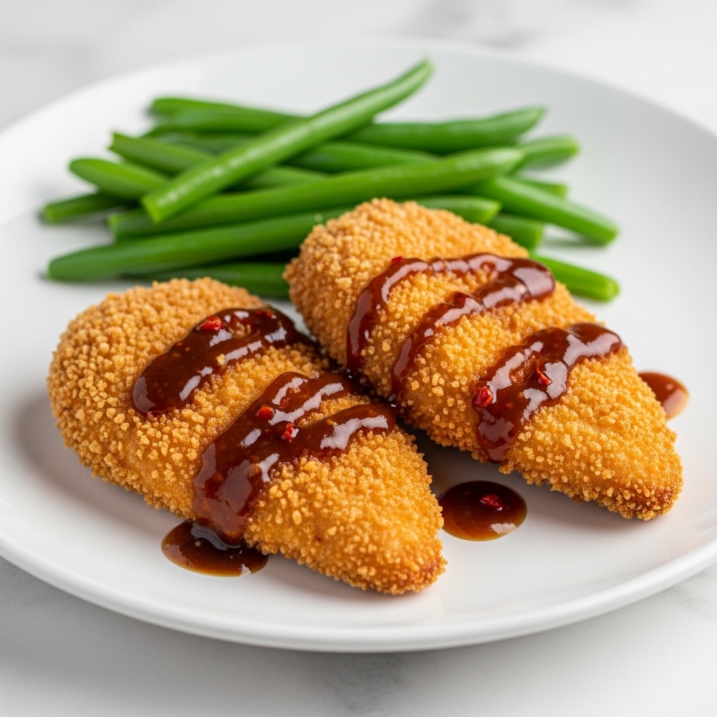 The image shows a white plate with two pieces of crispy breaded chicken fillets on the right side, covered with a glossy brown sauce that has small red chili flakes. Behind the chicken, there is a pile of cooked green beans that are soft and slightly shiny. The plate is placed on a white marbled surface. Photo taken with an iphone --ar 4:5 --v 7