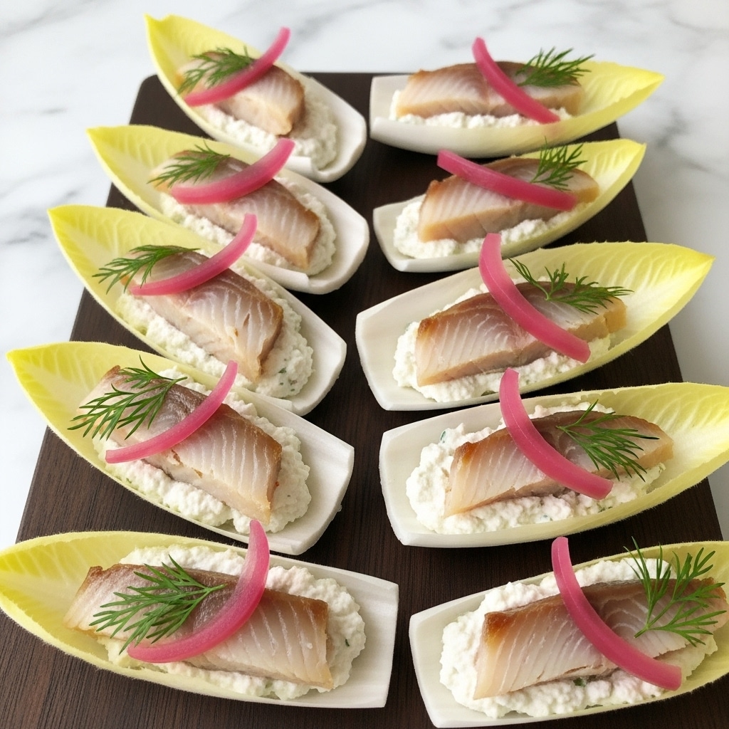 The image shows nine boat-shaped endive leaves arranged in three rows on a dark wooden board. Each leaf is pale yellow with a smooth, slightly curved texture. Inside each leaf, the first layer is a white creamy spread that fills the base. On top of the cream, there is a piece of light brown smoked fish. A thin pink pickled onion slice curves around the fish, and a small green sprig of dill rests next to it, adding fresh color and texture. The background is a white marbled surface. photo taken with an iphone --ar 4:5 --v 7