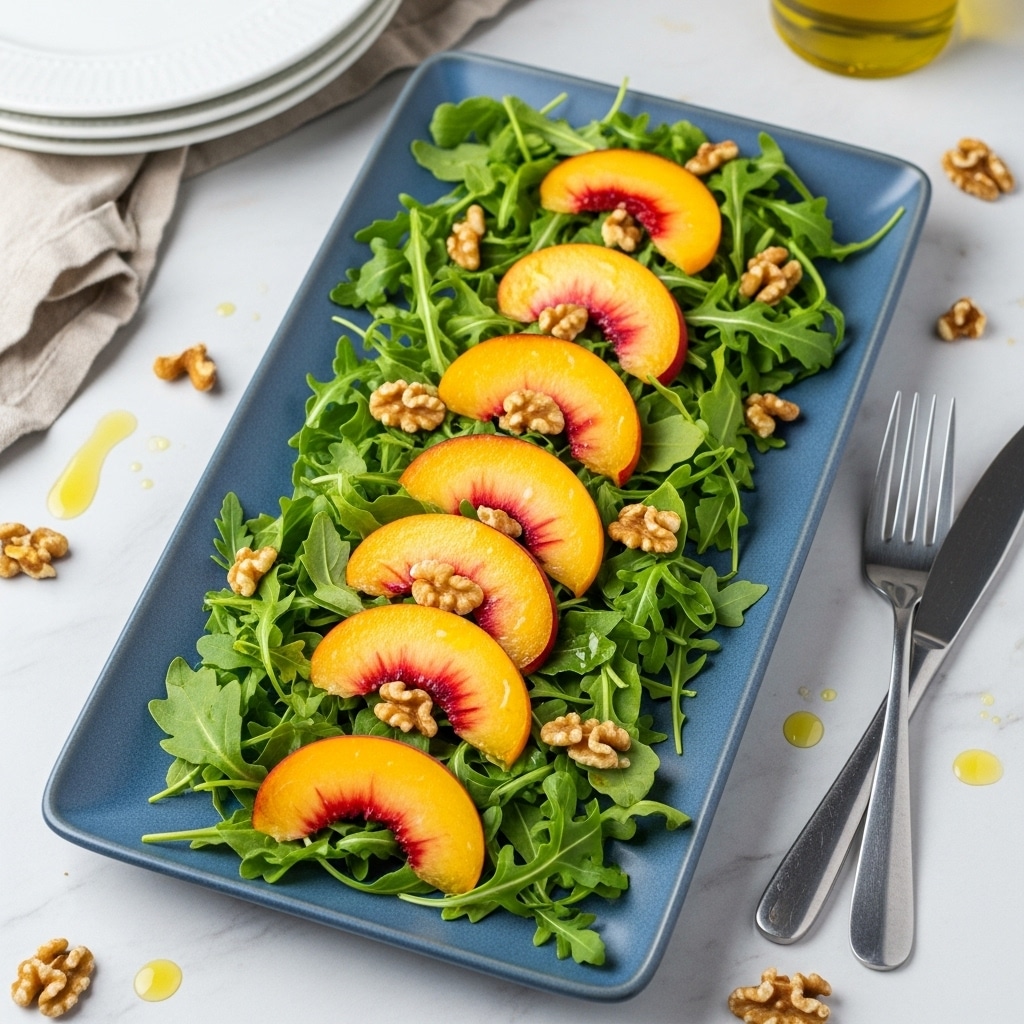 The dish is a simple salad served on a white rectangular plate with rounded edges. The base layer is bright green arugula leaves, spread evenly across the plate showing their jagged texture. On top, there is a second layer of peach slices, each a vibrant mix of deep orange and red with smooth, shiny skin, placed spaced out evenly in a line. Scattered over both layers are medium brown walnut halves adding rough, bumpy texture. A few drops of light yellow olive oil are visible on the white marbled surface near the plate. To the right, a silver fork and knife rest on the surface, and to the left, folded beige napkins and a small stack of white plates can be seen. Photo taken with an iphone --ar 4:5 --v 7