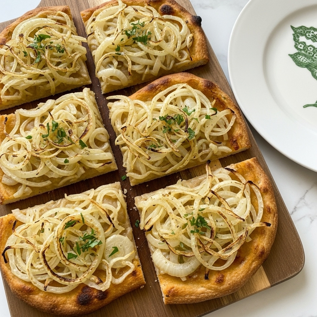 The image shows five small rectangular flatbreads topped with caramelized onions and chopped green herbs. The flatbreads have a golden-brown crust that looks crisp and slightly thick. The onion topping is spread evenly over each flatbread piece, showing translucent, light brown rings and strands of cooked onion with a creamy sauce beneath. The green herbs are scattered lightly on top, adding a fresh contrast in color. Four flatbreads are arranged close together on a wooden cutting board with a checkered pattern, while the fifth flatbread is placed on a white plate with a subtle leaf pattern on the right side. The entire scene is set on a white marbled surface. Photo taken with an iphone --ar 4:5 --v 7