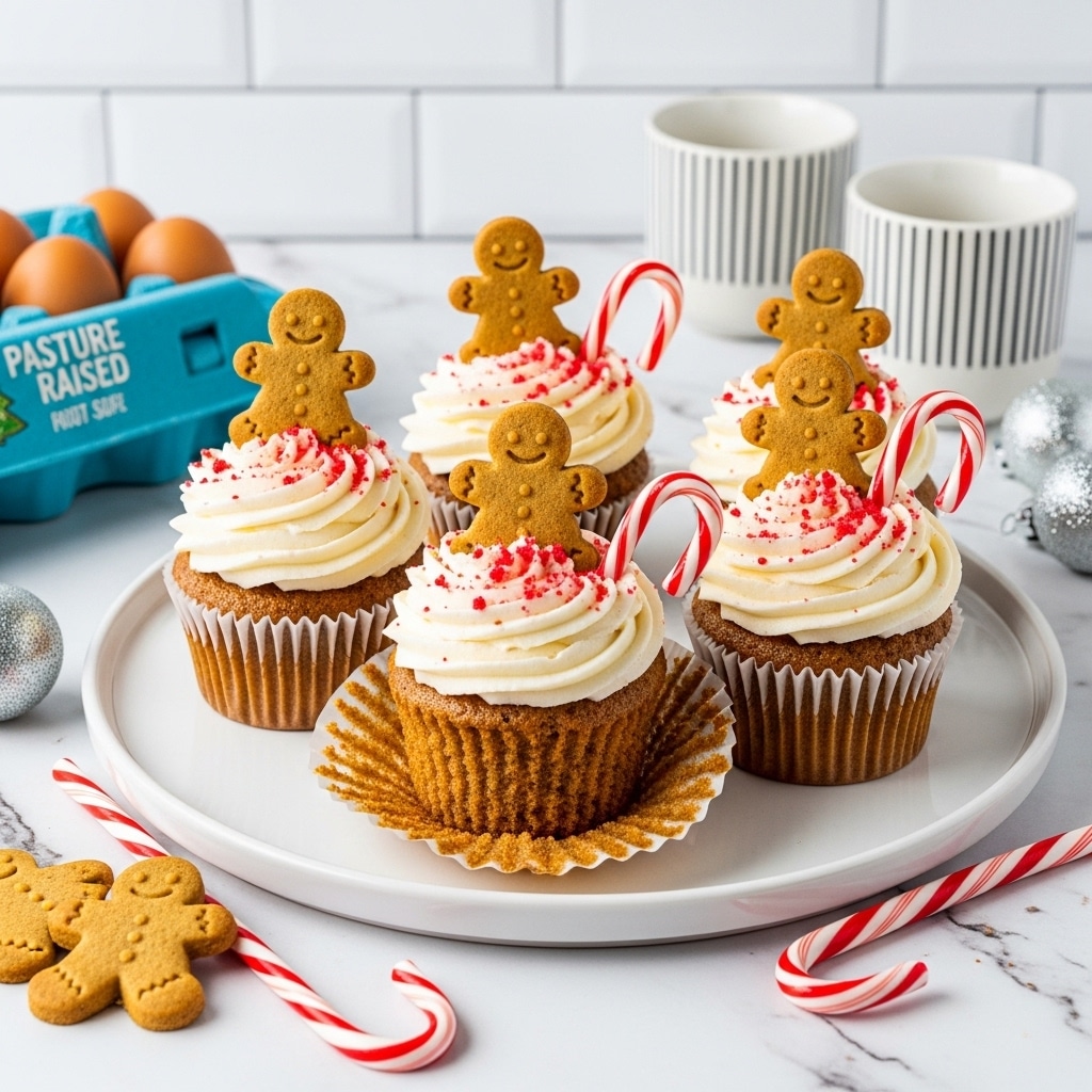 The image shows a white round platter holding four cupcakes, each with a base of light brown cake and topped with a thick swirl of white frosting sprinkled with red bits. Each cupcake is decorated with a small brown gingerbread figure or a red and white striped candy cane, inserted upright into the frosting. On the platter near the cupcakes, there are extra gingerbread cookies and candy canes lying flat. The background features a white marbled texture surface, white tiled wall, and some white and black striped cups, with silver Christmas ornaments and a blue egg carton visible below the platter. Photo taken with an iphone --ar 4:5 --v 7