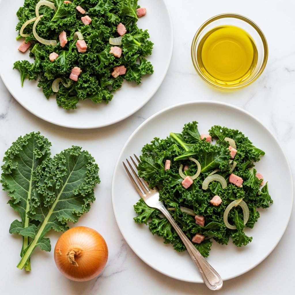 Two white plates contain cooked dark green kale with small pieces of light yellowish onion and tiny bits of pink bacon mixed in, with one plate positioned near the center and the other near the top left corner. A silver fork rests on the right side of the closer plate, partially embedded in the kale. To the right of the top plate, a small clear glass bowl holds a bright yellow olive oil. Below the plates on the white marbled surface lie a green kale leaf and a light brown onion, adding fresh ingredient detail to the scene. photo taken with an iphone --ar 4:5 --v 7