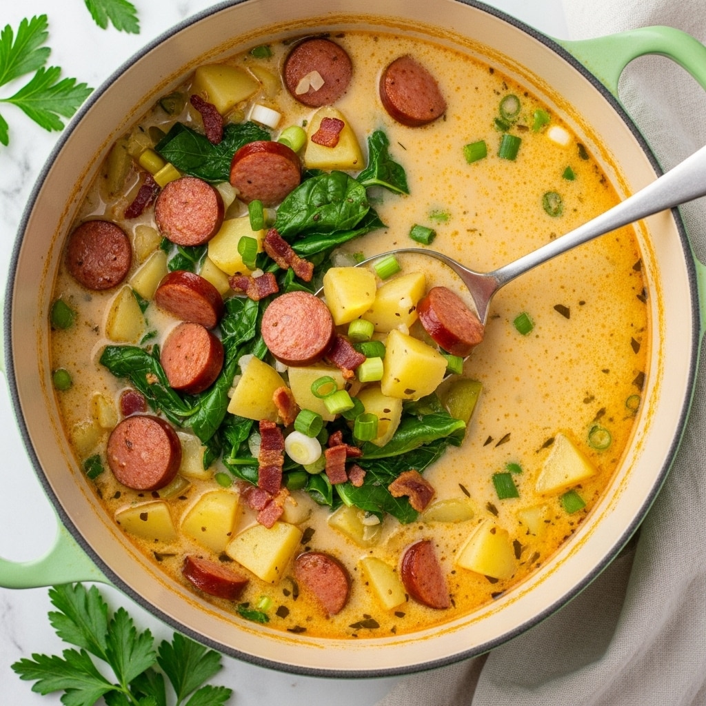 A large white pot full of creamy soup with a light orange-yellow base, filled with slices of brown sausage, small chunks of white potato, and bright green leafy vegetables mixed evenly throughout. The soup also has bits of red bacon and finely chopped green onions spread across the top. A silver ladle dips into the soup on the right side, lifting a scoop that shows the creamy texture with a mix of all the ingredients. Fresh green herbs are placed near the pot on the white marbled surface, and a white cloth napkin rests beside it. photo taken with an iphone --ar 4:5 --v 7