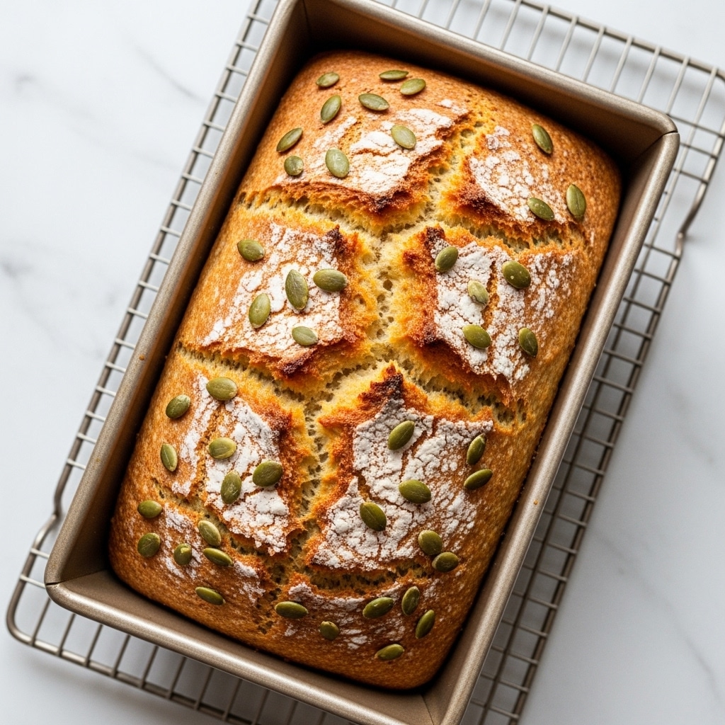 A golden brown loaf of bread sits in a rectangular baking pan with a slightly metallic light brown color. The bread top is rough and cracked with a textured crust, decorated with scattered pumpkin seeds that add a touch of greenish hue. The pan rests on a wire cooling rack above a white marbled surface. The image shows the bread from a top-down view. photo taken with an iphone --ar 4:5 --v 7
