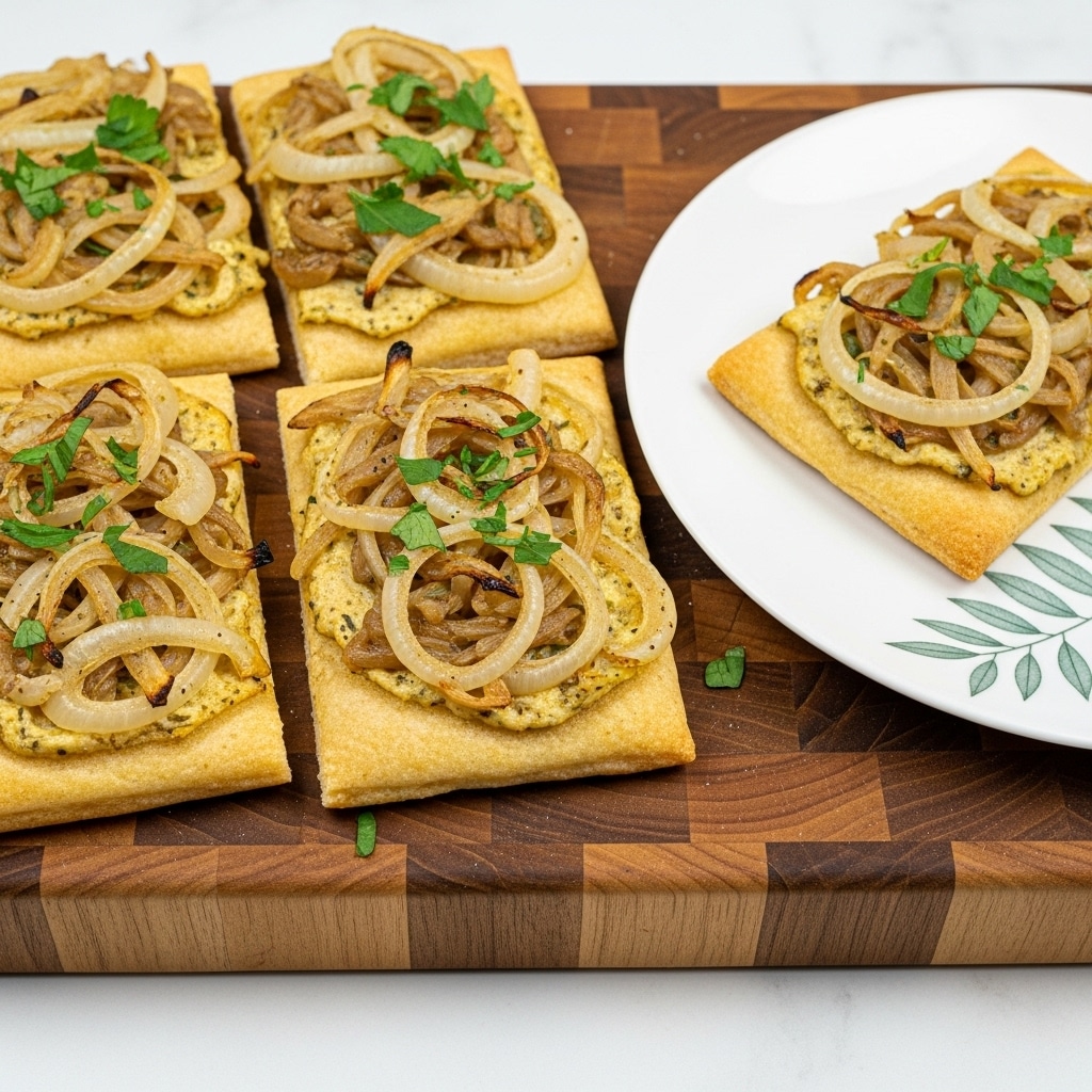 The image shows six rectangular flatbread pieces arranged on a wooden cutting board and a white plate with a green design on the right. Each flatbread has a browned, slightly crispy crust base and is topped with a thick layer of cooked onions that are golden and caramelized with a soft texture. There are small bits of chopped green herbs sprinkled on top of the onions for garnish. The flatbreads have irregular, slightly charred edges and the onions look glossy and well-cooked, layered generously over the crust. The scene is set on a white marbled surface. photo taken with an iphone --ar 4:5 --v 7