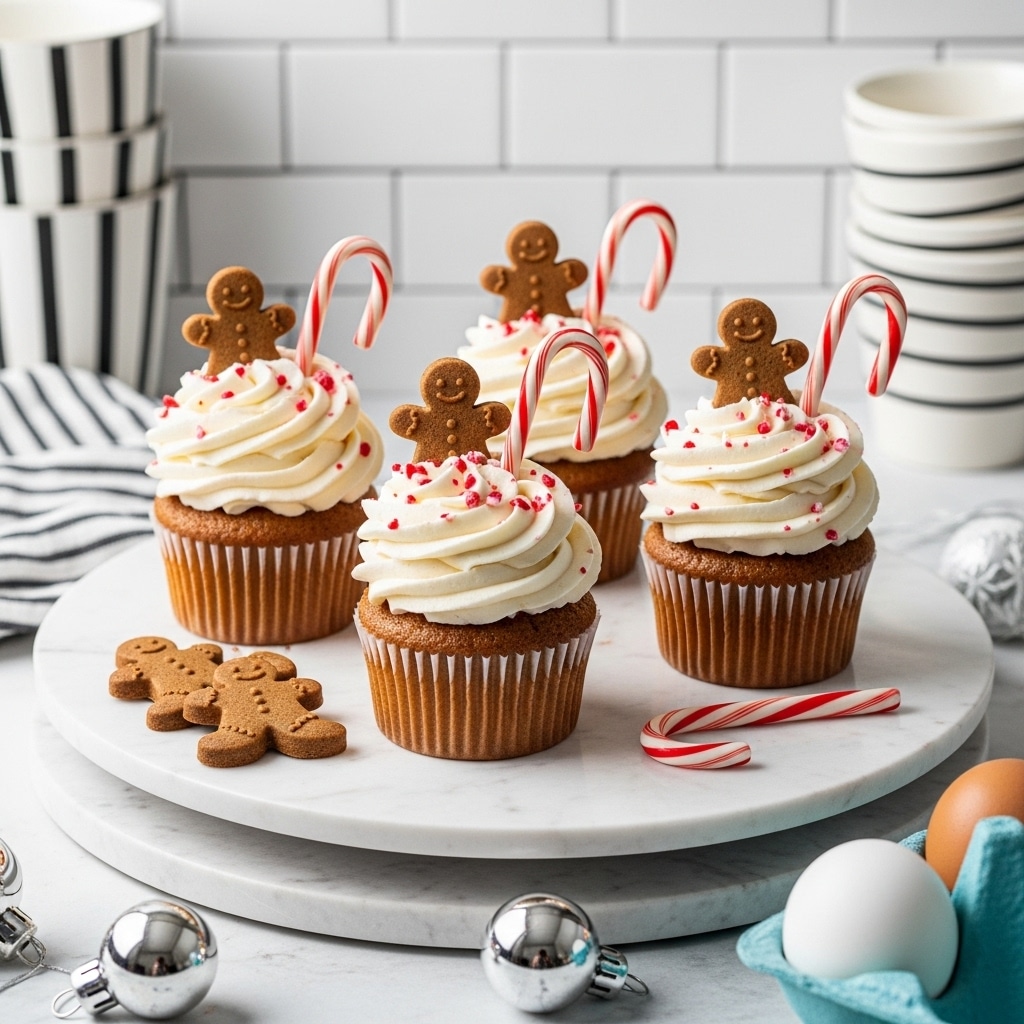 A white round plate holds four festive cupcakes, each topped with a swirl of white frosting sprinkled with red crumbs. Each cupcake is decorated with a small golden brown gingerbread cookie shaped like a person stuck upright in the frosting, and one cupcake also includes a small red and white candy cane placed beside the cookie. The cupcakes have a light brown color, visible through the white cupcake liners, with one cupcake partially unwrapped showing the crumb texture. Around the plate, there are a few more gingerbread cookies lying flat and two red and white striped candy canes. In the background, part of a blue carton of pasture-raised eggs is seen in the bottom left corner, and the scene is set on a white marbled surface with white tiled walls behind it. Two small white cups with black stripes stand behind the cupcakes, and two silver Christmas ornaments rest on the surface. photo taken with an iphone --ar 4:5 --v 7