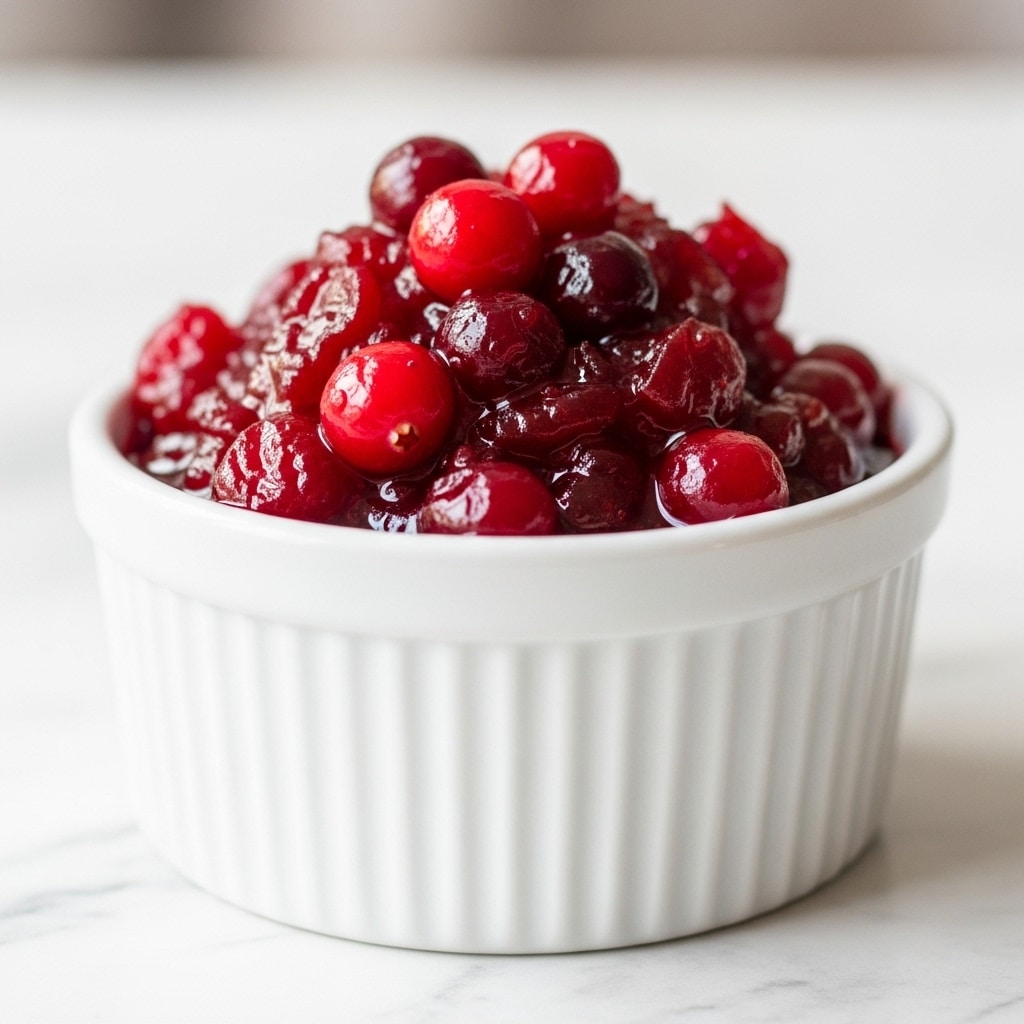 A small white ceramic ramekin filled to the top with bright red cranberry sauce that has a shiny, thick texture and visible whole cranberries throughout. The ramekin sits on a white marbled surface, and the background is softly blurred with warm tones and dark shapes, likely chairs. The sauce looks fresh, rich, and glossy, slightly heaped above the rim of the ramekin, showing a mix of smooth jelly and plump fruit. Photo taken with an iphone --ar 4:5 --v 7