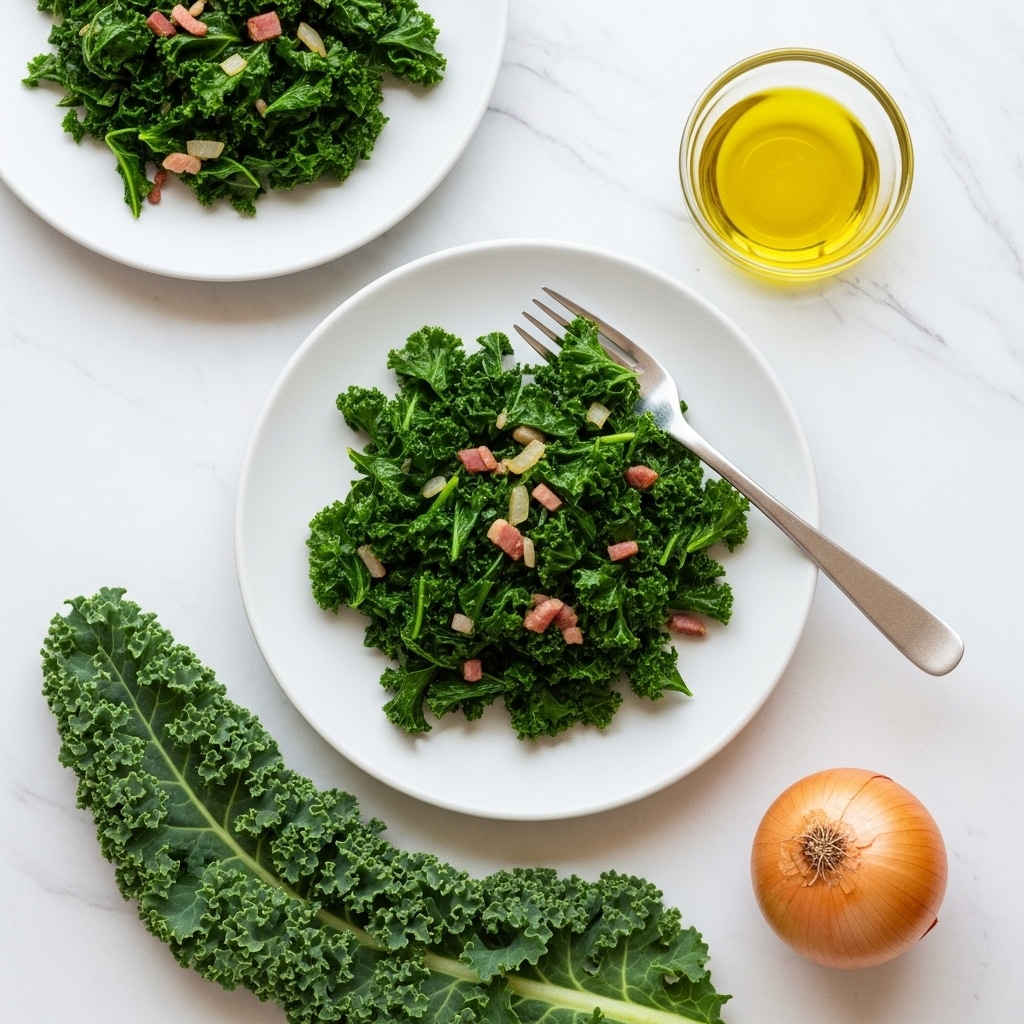 The image shows two white plates on a white marbled surface, each filled with cooked kale mixed with small pieces of pale pink bacon and translucent cooked onions. The kale is dark green and slightly wilted, covering most of the plate's surface. One plate has a silver fork resting on it, pointing inward towards the center. Near the plates, there is a small round glass bowl filled with golden yellow olive oil. Two fresh kale leaves with curly edges and a whole yellow onion are also placed on the white marbled surface near the bottom left of the frame. The scene looks simple and fresh, with a clean background. photo taken with an iphone --ar 4:5 --v 7