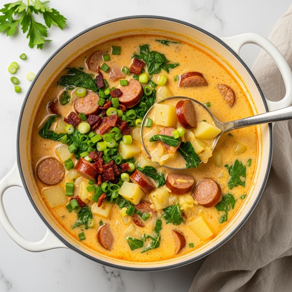 A close-up of a large round green pot filled with creamy soup that has several layers and colors: a light yellow creamy base, scattered slices of reddish sausage, chunks of light yellow potatoes, small bright green leafy vegetables, diced green onions, and bits of red bacon, all mixed evenly. A silver spoon with a long handle dips into the soup, holding some of the layered ingredients. The pot rests on a white marbled surface with fresh green parsley sprigs around it and a light cream cloth nearby. photo taken with an iphone --ar 4:5 --v 7