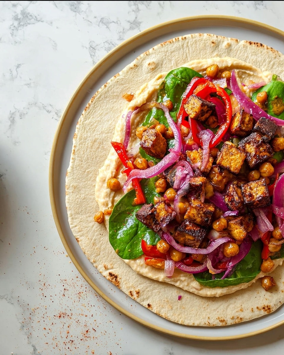 A white tortilla is placed on a white plate, topped with a creamy beige spread as the base layer. On top, there are toasted golden-brown chickpeas scattered evenly. Bright green spinach leaves provide fresh color among slices of red bell pepper. Dark, crispy cubes of browned tofu or meat are sprinkled across the dish, giving a rich texture. Thin slices of purple red onion add a sharp contrast over everything. The scene is set on a white marbled surface with a small white bowl of pink pickled vegetables visible at the bottom. photo taken with an iphone --ar 4:5 --v 7