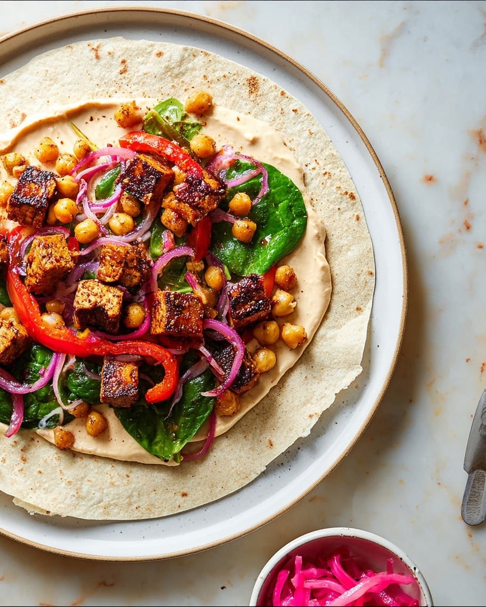A round soft flatbread on a white plate topped with a creamy beige spread that forms the bottom layer, followed by scattered fresh green spinach leaves and slices of red bell pepper. Loaded with golden brown crispy chickpeas and dark brown grilled tofu cubes, the dish is finished with thinly sliced bright purple onions spread on top. The plate is placed on a white marbled surface. photo taken with an iphone --ar 4:5 --v 7