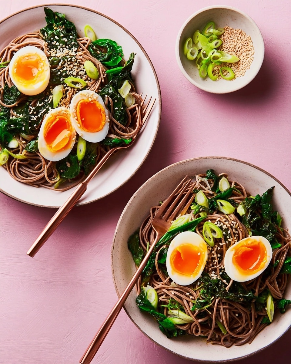 Two white ceramic bowls are filled with a fresh soba noodle dish. Each bowl shows a base layer of brown soba noodles twisted and mixed with bright green leafy vegetables and thinly sliced green onions. On top of the noodles in each bowl sit two halves of a soft-boiled egg with the yolks a rich orange color and slightly runny. Small white sesame seeds are sprinkled over the noodles and vegetables. Two silver spoons rest inside the upper bowl. Nearby, a small white bowl holds green sliced chili peppers and white sesame seeds. The setup sits on a pink surface. Photo taken with an iphone --ar 4:5 --v 7