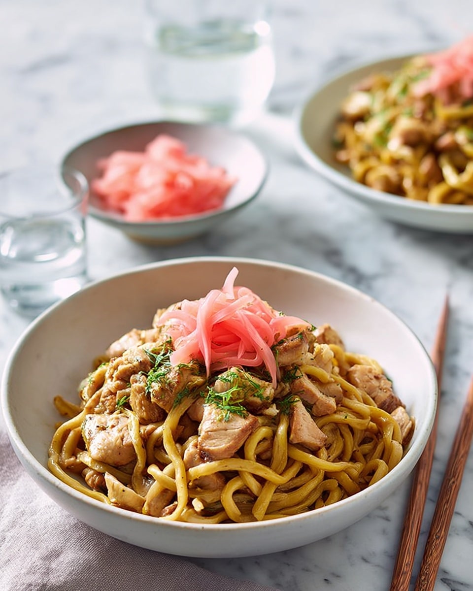 A white bowl holds three main layers: the bottom layer is a mix of thick, light brown stir-fried noodles with a glossy texture, scattered with small pieces of cooked chicken that are golden brown with a slight sear. The middle layer consists of chopped fresh green herbs sprinkled evenly across the noodles and chicken. The top layer is made of soft, thinly sliced pink pickled ginger arranged like delicate petals in the center. The bowl is placed on a soft blue cloth over a white marbled textured surface. To the right, a pair of wooden chopsticks lie next to a clear glass of water. Behind the bowl, there is a smaller white bowl also containing pickled ginger. Another white bowl filled with the same noodles and chicken sits partly in view. photo taken with an iphone --ar 4:5 --v 7