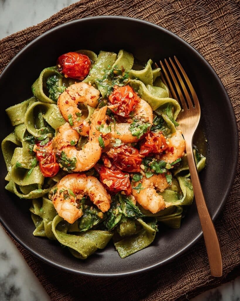 Spinach Tagliatelle with Garlic Prawns and Roasted Tomato Sauce Recipe
