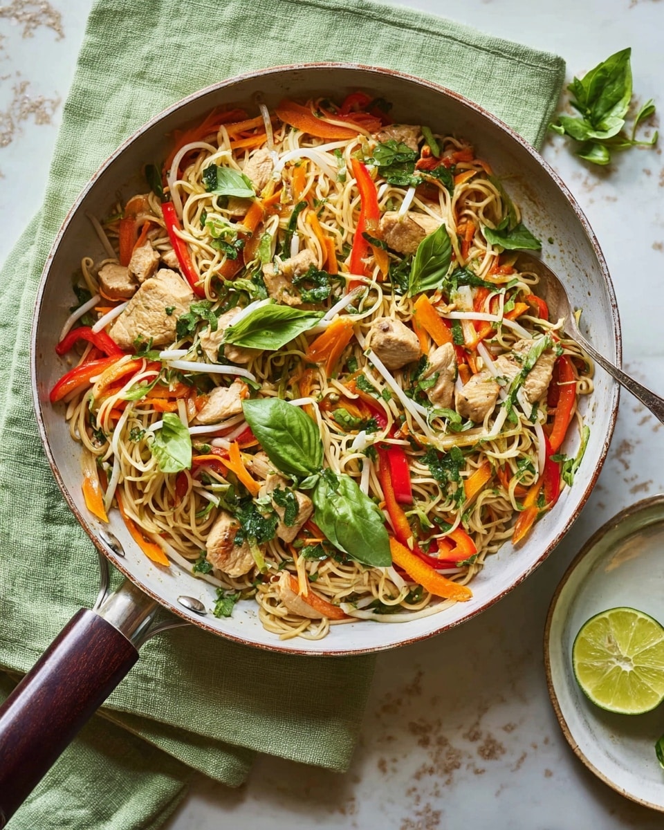 A white pan filled with stir-fried noodles mixed with pieces of light brown chicken, bright orange carrot slices, red bell pepper strips, and fresh green herbs scattered on top, all lightly coated with sauce. Bean sprouts add a cream and green touch throughout the dish, and a few larger green leaves are also visible. The pan is on a green cloth, next to a small white plate holding a half lime. The scene is set on a white marbled surface. photo taken with an iphone --ar 4:5 --v 7
