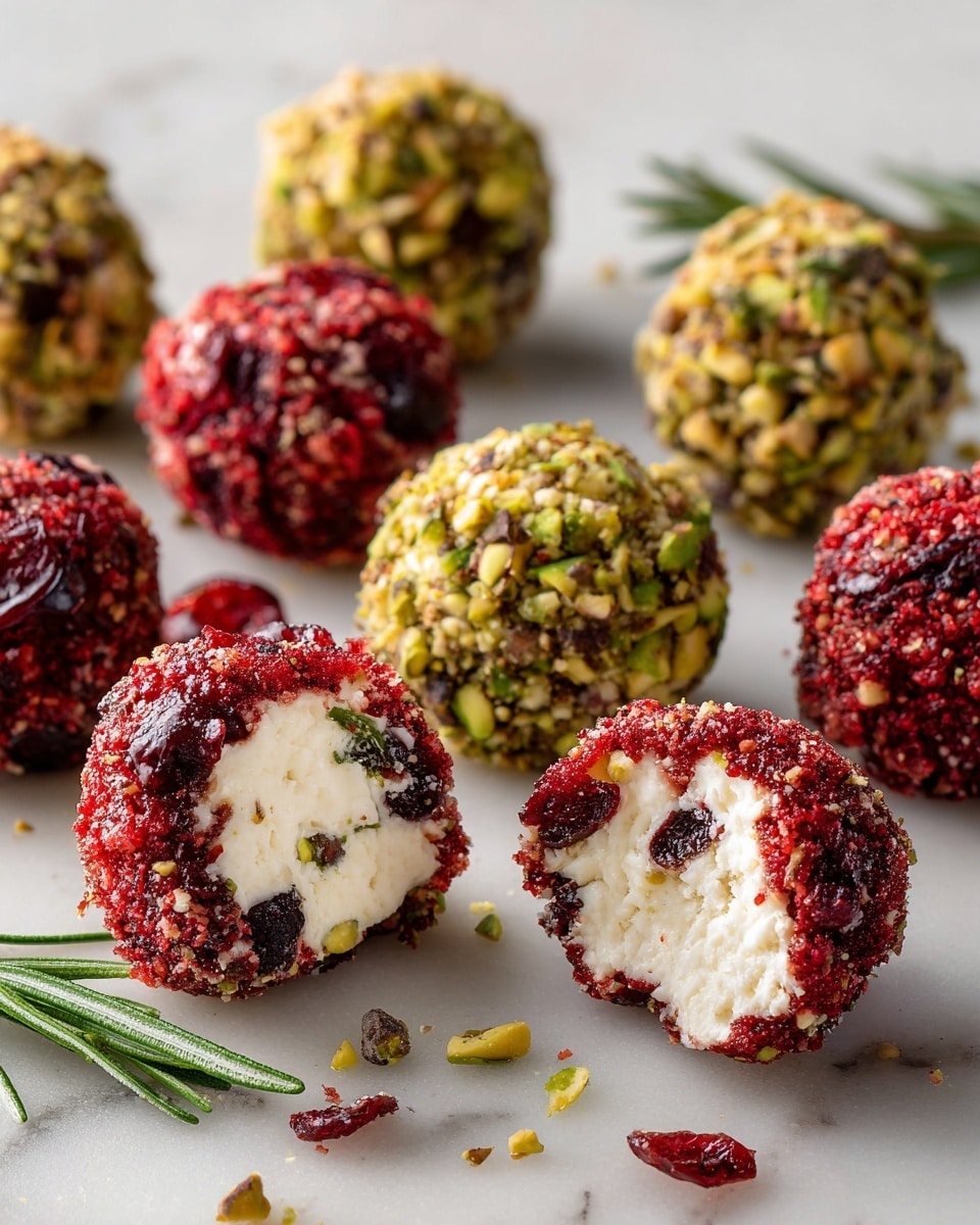 The image shows small round cheese balls with two different coatings placed on a white marbled surface. One type of cheese ball is covered in bright red dried cranberries that have a slightly rough texture, and one of these is cut open, showing a soft, white, crumbly cheese inside with bits of cranberry mixed in. The other type is coated in chopped green pistachios, giving a chunky, nutty outer layer. Fresh green rosemary sprigs are scattered around them, adding a fresh contrast to the colors. photo taken with an iphone --ar 4:5 --v 7