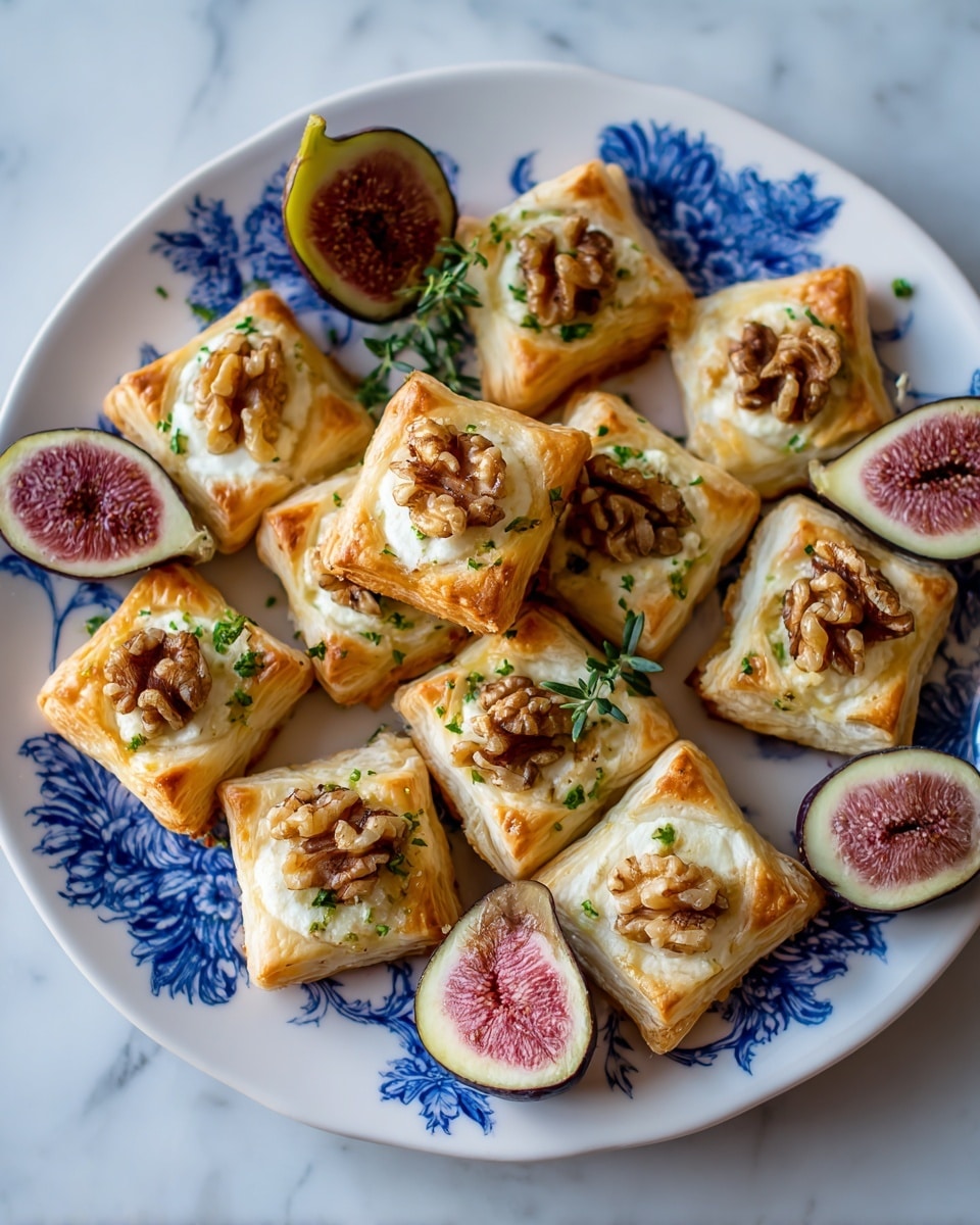 The image shows a white plate with a blue floral pattern, filled with about 18 small, golden-brown puff pastry tarts. Each tart has a square or circular shape with lifted edges and a creamy, white cheese filling in the center. On top of the cheese, there are small pieces of chopped nuts and finely chopped green herbs scattered evenly. Around the plate, there are a few fresh fig halves in pink and green colors resting on the side. The background is a white marbled texture. photo taken with an iphone --ar 4:5 --v 7