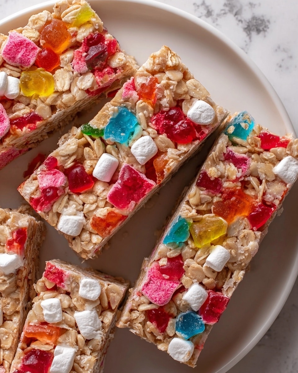 The image shows several rectangular granola bars stacked on a white plate, each bar made of light brown oat clusters forming the base layer. On top of the oats, there are scattered chunks of colorful gummy candies in red, orange, yellow, green, blue, and pink colors with a slightly frosted, powdery texture, along with a few small white mini marshmallows. The granola bars have a dense, oat-textured bottom layer with a bright and varied candy topping, creating a playful and sweet look. The plate is set on a white marbled textured surface. photo taken with an iphone --ar 4:5 --v 7