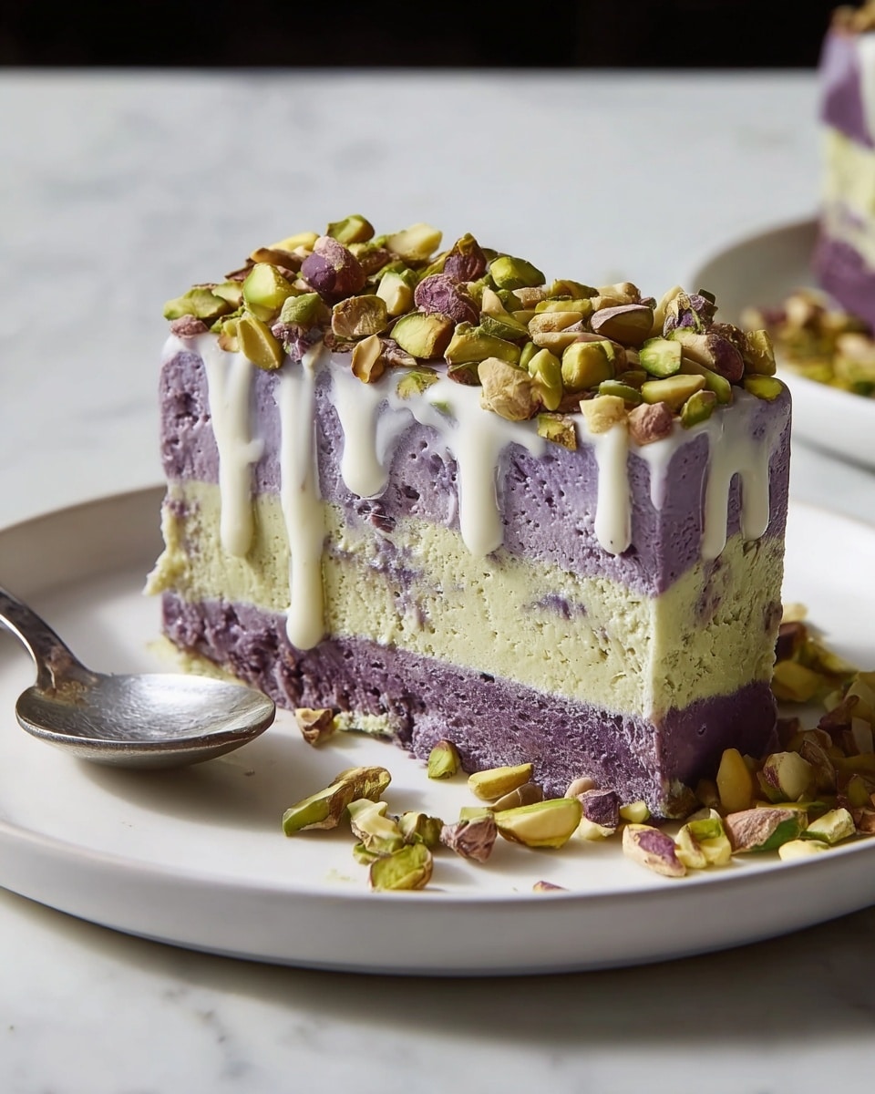 A slice of a layered dessert sits on a white round plate placed on a white marbled surface. The dessert has three visible layers: the bottom layer is a dense, deep purple color with a slightly rough texture; the middle layer is a pale green with a creamy, smooth look; the top layer is also a pale green but lighter, topped with chopped pistachios scattered thickly. Drips of a glossy cream-colored sauce run lightly down the sides from the top. Some scattered pistachio pieces lie on and around the plate. A silver spoon rests on the plate near the dessert. Photo taken with an iphone --ar 4:5 --v 7